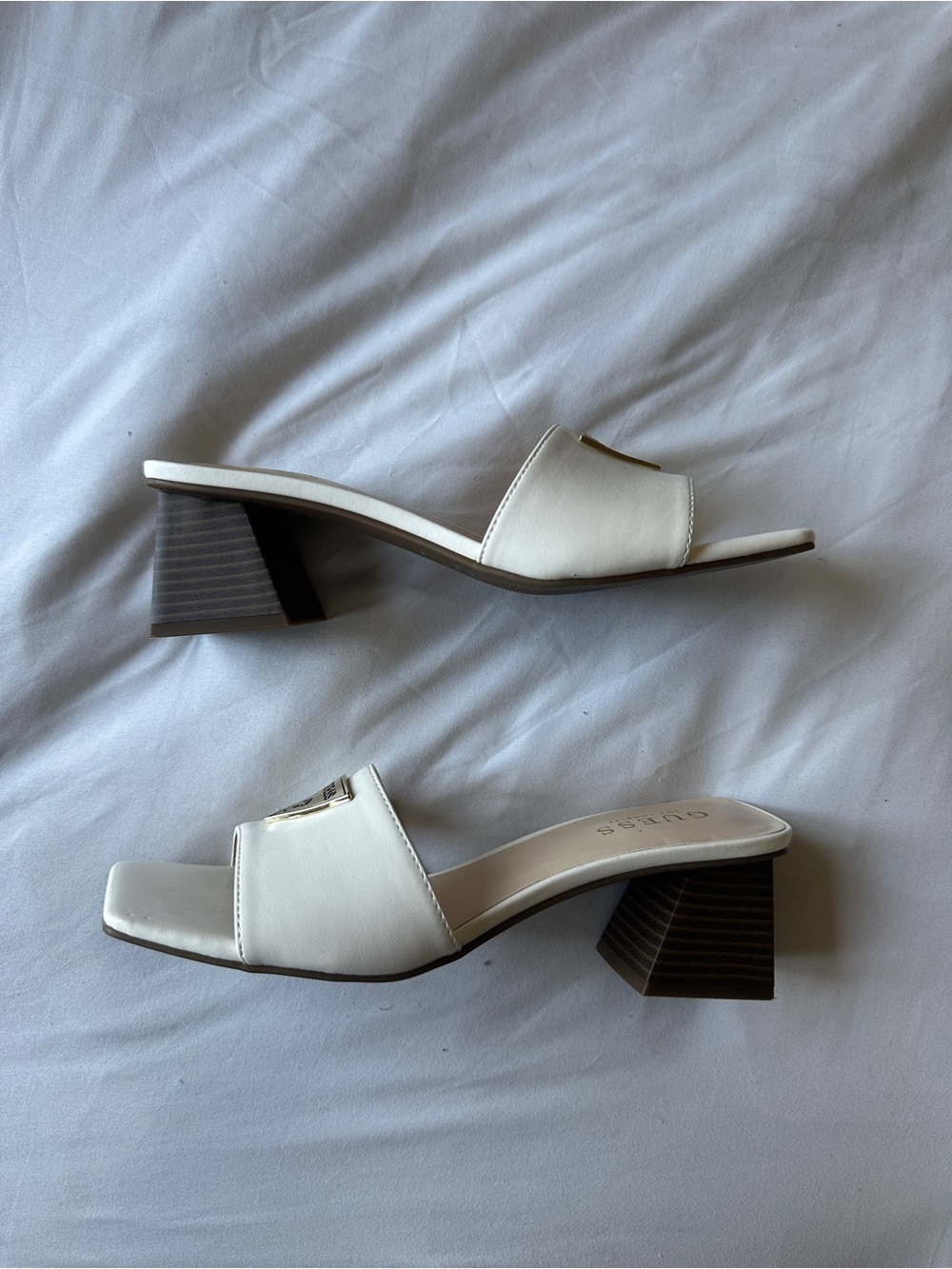 Guess White Faux Leather Heel Slide Sandals - Women's Elegant Open-Toe Mules
